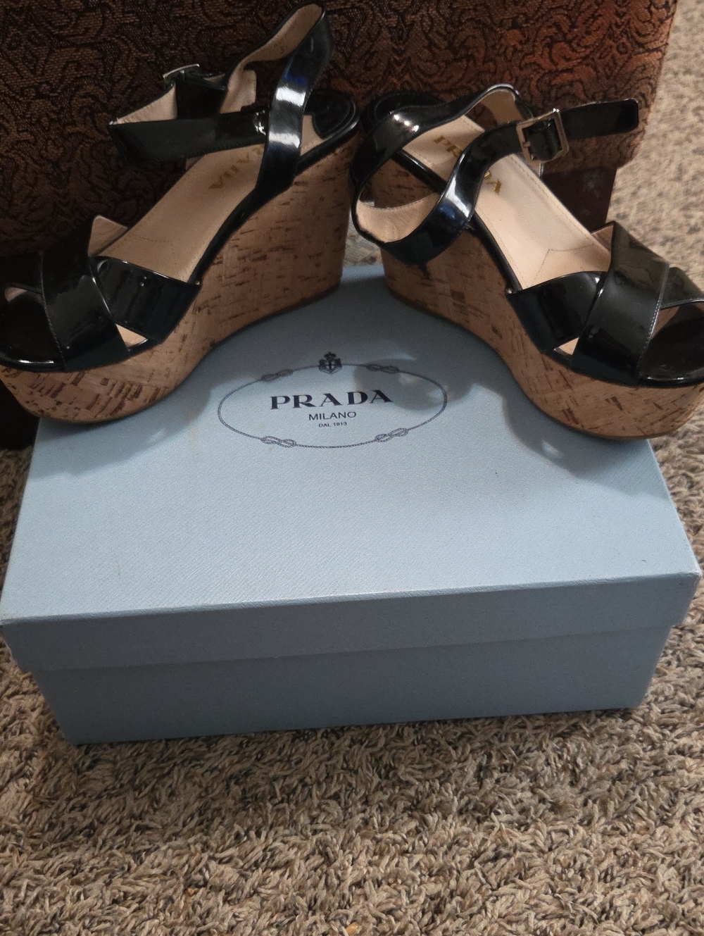 Prada Black Patent Leather Cork Wedge Sandals with Ankle Strap